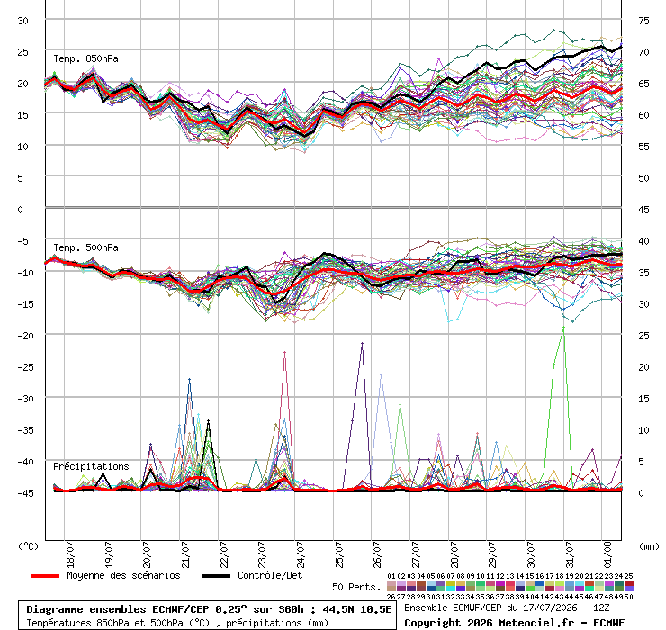 Precipitazioni, temperature a 850 hPa e 500 hPa