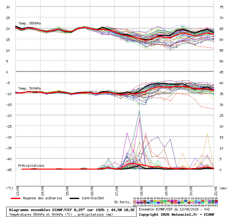 Precipitazioni, temperature a 850 hPa e 500 hPa
